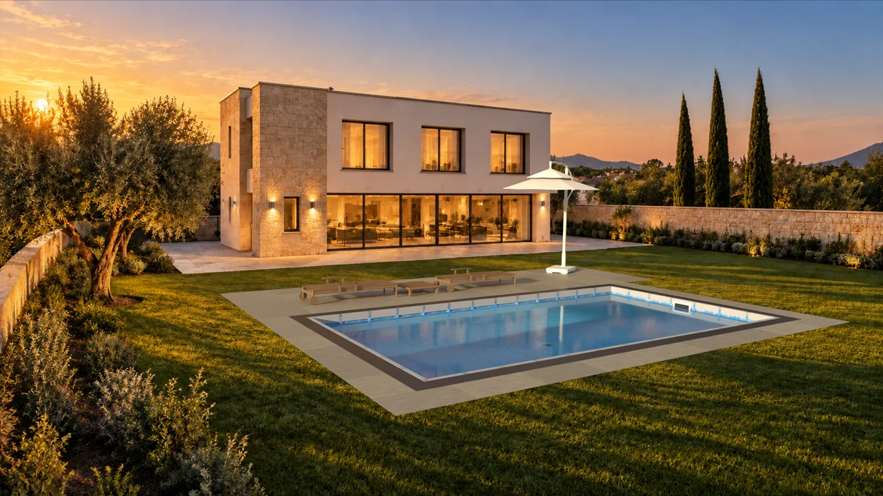 Fiplus havuz ve villa bahçesi yaşam alanı görselleştirmesi